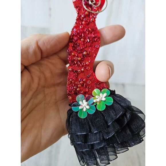Red evening dress ornament vintage fancy beaded fringe ruffle Xmas tree - Picture 5 of 8